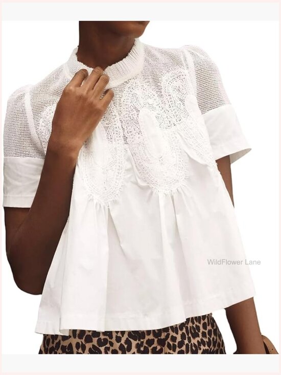 Tops - Lace-Detail Flared Blouse Short-Sleeve Crew Neck Poplin Mesh Swing Top